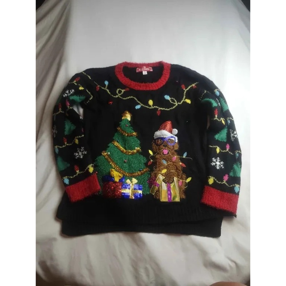Jollidays Ugly Christmas Sweater Womens Large Black Knit Novelty Dog Holiday